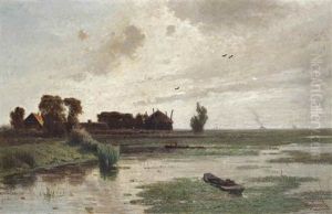 A Polder Landscape With Fishermen Near A Farm