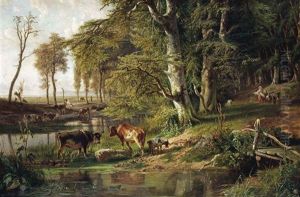 Grazing Cattle By A Woodland Stream Grazing Cattle By A Woodland Stream