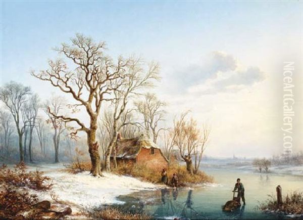A Winter Landscape With Figures On A Frozen River - view 1