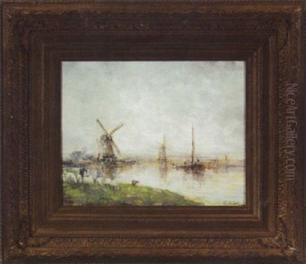 Paysage Au Bord De L'eau Avec Moulins, Bateaux, Troupeau De Moutons - view 1