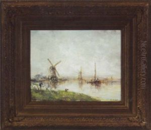 Paysage Au Bord De L'eau Avec Moulins, Bateaux, Troupeau De Moutons by Paul Joseph Constantine Gabriel