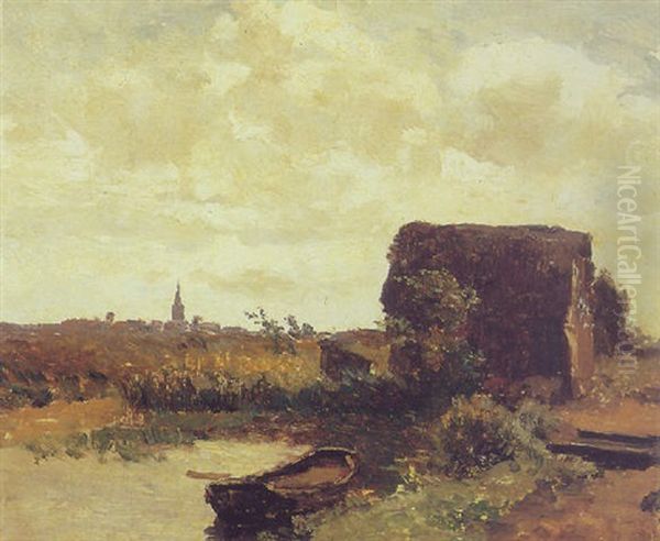 A Moored Rowing Boat In A Polder Landscape - view 1