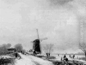 Skaters On A Frozen River By A Mill by Paul Joseph Constantine Gabriel