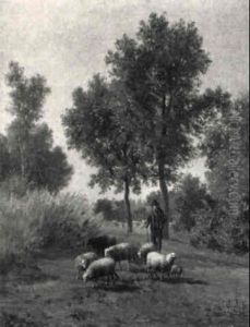 A Shepherd And Flock In A Landscape by Paul Joseph Constantine Gabriel