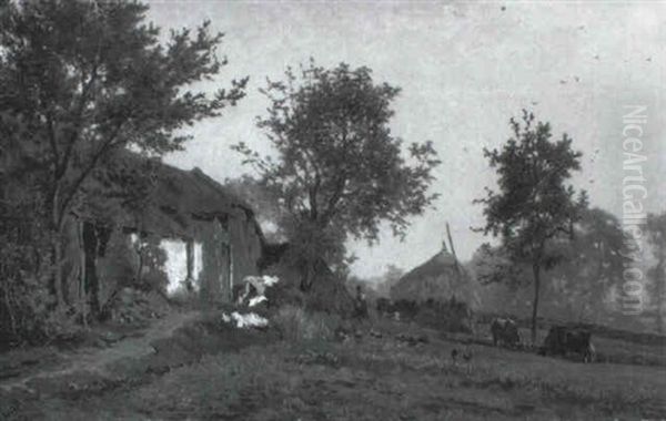 A Peasantwoman And Cows In A Farmyard - view 1