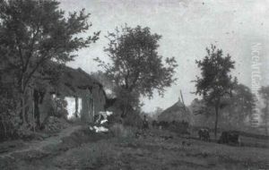 A Peasantwoman And Cows In A Farmyard by Paul Joseph Constantine Gabriel