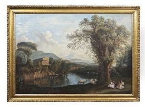 Italianate Landscape With Distant Roman Ruins And Three Seated Maidens And Cattle At A Fair