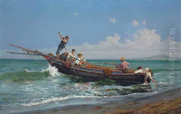 A Fishing Boat In The Bay Of Naples, Vesuvius Beyond - view 1