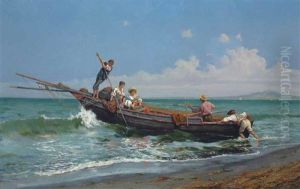 A Fishing Boat In The Bay Of Naples, Vesuvius Beyond by Pietro Gabrini