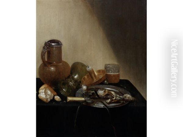 A Still Life Of A Pewter-mounted Stoneware Jug, An Overturned Roemer, A Broken Roll Of Bread, A Candle In A Brass Stand, A Glass Beaker Of Beer, A Pewter Dish With Fish And A Knife With Ivory Handle On A Draped Table-top - view 1