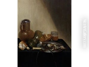 A Still Life Of A Pewter-mounted Stoneware Jug, An Overturned Roemer, A Broken Roll Of Bread, A Candle In A Brass Stand, A Glass Beaker Of Beer, A Pewter Dish With Fish And A Knife With Ivory Handle On A Draped Table-top by Guilliam Gabron