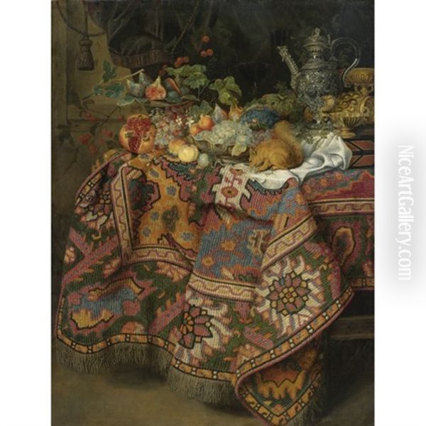 Still Life With Fruit, Gold And Silver Vessels And A Squirrel, All On A Table Covered By A Persian Rug - view 1