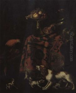 Stilleben Mit Fruchten, Einem Silbergefass, Hunden Und Einem Papagei by Guilliam Gabron