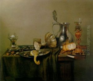 A Silver Salt-cellar And Uptruned Tazza, A Pewter Flagon, A Roemer On A Silver-gilt Stand, A Peeled Lemon On A Pewter Plate by Guilliam Gabron