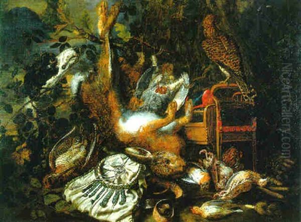 Dead Game At The Base Of A Tree, With A Falcon, A Hound And Hunting Equipment Nearby - view 1