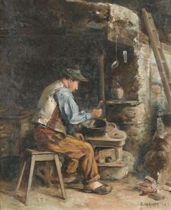 Kucheninterieur Mit Mann An Einem Herd