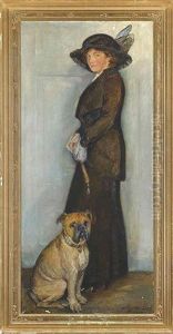 Portrait Of An Elegant Lady With Her Dog by Mogens Gad