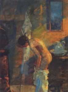 Interior Med Kvinde Der Vasker Sig by Mogens Gad