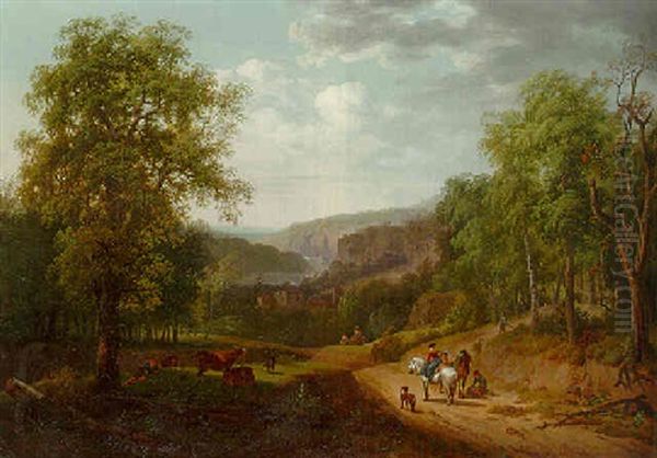 Wooded Landscape With Travellers On A Path, A Herdsman And Cattle In The Foreground, Waterfall Beyond - view 1