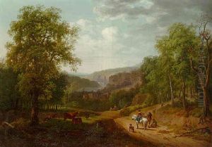 Wooded Landscape With Travellers On A Path, A Herdsman And Cattle In The Foreground, Waterfall Beyond