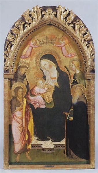Madone En Trone Allaitant L'enfant, Couronnee Par Deux Anges Volants, Entouree A Gauche Par Saint Francois Et Saint Jean-baptiste Et A Droite Par Une Saint Martyre Et Saint Antoine Abbe - view 1
