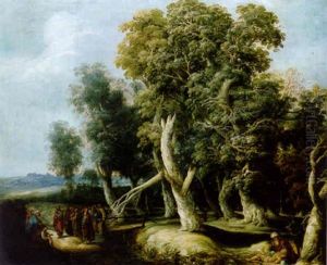 Baumlandschaft, Rechts Unten Der Barmherzige Samariter, Links Eine Biblische Szene by Adriaen Gael the Younger