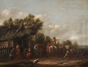 Gegenstucke: Dorf Mit Reiter Und Figurenstaffage Und Reisende Vor Der Schenke by Barend Gael
