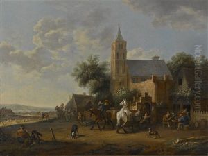 A Village Church And Tavern With Figures by Barend Gael