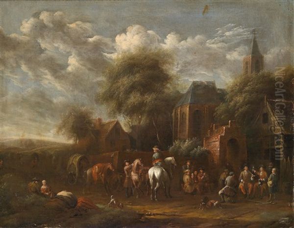 Dorfstrase Mit Reitern Und Rastenden Personen - view 1