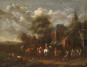 Dorfstrase Mit Reitern Und Rastenden Personen by Barend Gael