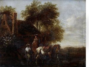 Figures On Horseback Before A Country Inn by Barend Gael