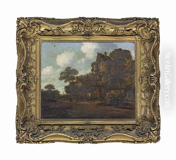 A Village Landscape With Travellers At Rest Beside A Well by Barend Gael