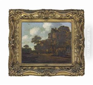 A Village Landscape With Travellers At Rest Beside A Well