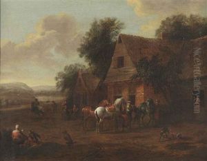 A Mountainous Landscape With Figures Near An Inn by Barend Gael