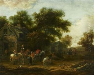 Reisende Bei Der Rast Vor Der Waldschanke by Barend Gael