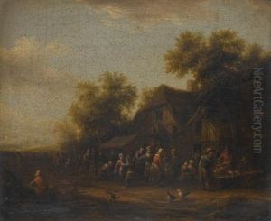 A Fish Market In A Village Square; A Poultry Market Before A Village Inn (pair) by Barend Gael