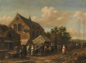 A Village Market Beside A Church by Barend Gael