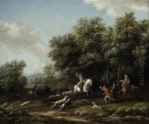 A Wooded Landscape With A Stag Hunt by Barend Gael