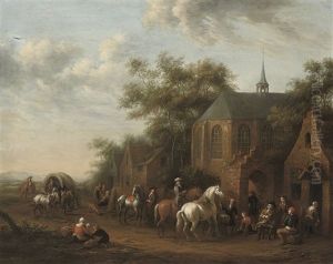Figures On Horseback At Rest By An Inn by Barend Gael