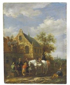 Travelers Resting In A Village Landscape (+ A Companion Painting Of Travelers By A Tavern; 2 Works) by Barend Gael
