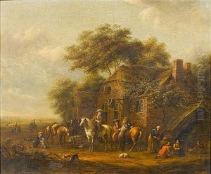 Huntsmen And Their Dogs Outside A Country Inn by Barend Gael