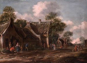 Dorfstrasse Mit Strohgedeckten Hausern Und Figurenstaffage Dorfstrasse Mit Strohgedeckten Hausern Und Figurenstaffage