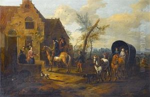 Horsemen Halting At A Country Inn With Travellers Passing By Horsemen Halting At A Country Inn With Travellers Passing By