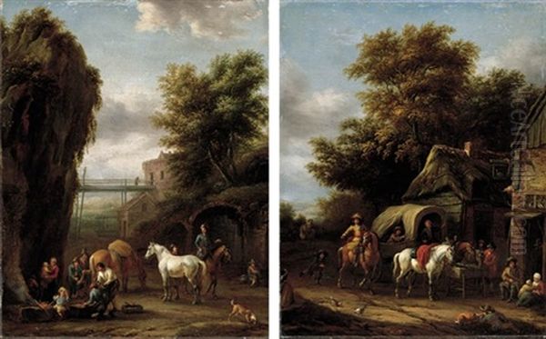 A Rocky Landscape With Travellers At A Forge (+ A Wooded Landscape With Horsemen Halting At An Inn; Pair) - view 1