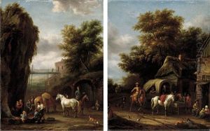 A Rocky Landscape With Travellers At A Forge (+ A Wooded Landscape With Horsemen Halting At An Inn; Pair)
