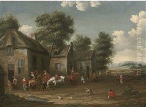 A Wooded Landscape With A Hunting Party Setting Out From An Inn by Barend Gael