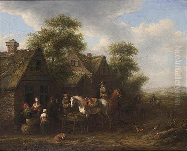 A Village Scene With Horsemen Halting Near Farmhouses And Other Figures Conversing - view 1