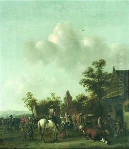 Rastende Landleute Mit Ihrem Vieh Vor Einer Schenke by Barend Gael