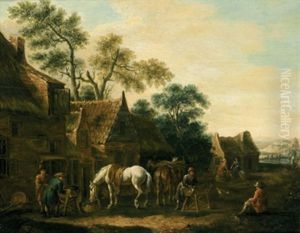 Rastende Bauern Mit Pferden Auf Einer Dorfstrase by Barend Gael