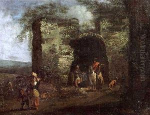 A Horseman Asking Directions From Peasants By A City Gate by Barend Gael